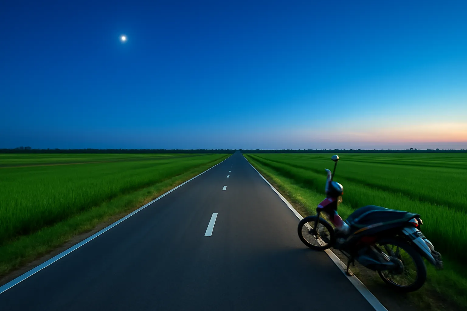 Con đường đồng bằng thẳng tắp kéo dài tới chân trời lúc hoàng hôn