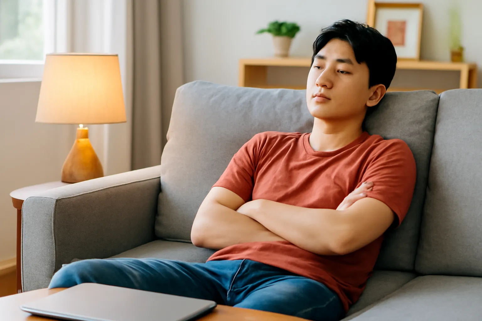 Thanh niên ngủ gật trên ghế sofa cạnh chiếc đèn bàn ánh vàng