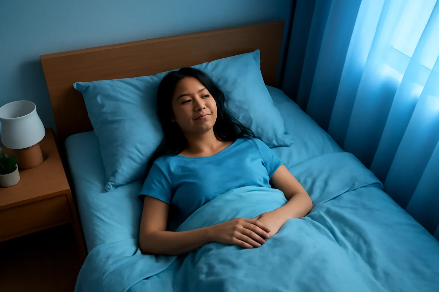 Người phụ nữ trẻ vừa tỉnh giấc nằm nhìn lên trần phòng ngủ lúc rạng sáng