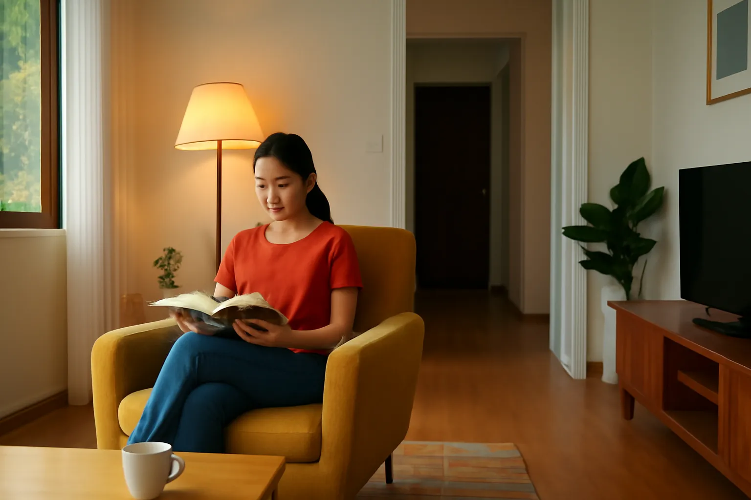 Người đọc sách trong phòng khách nhìn từ góc rộng với cửa phòng mở phía sau