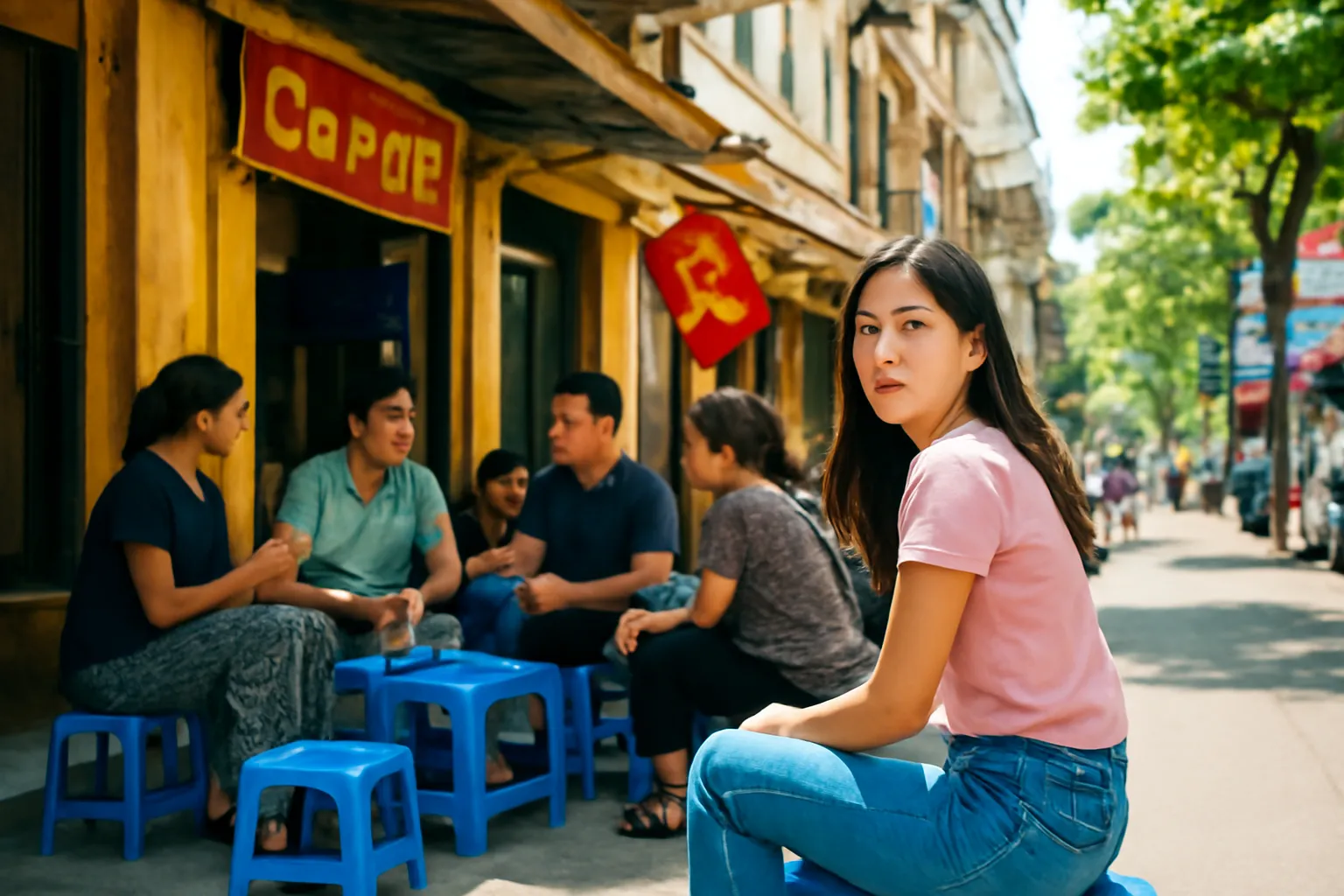 Quán cà phê đông người, một cô gái ngoảnh đầu lại nhìn phía sau