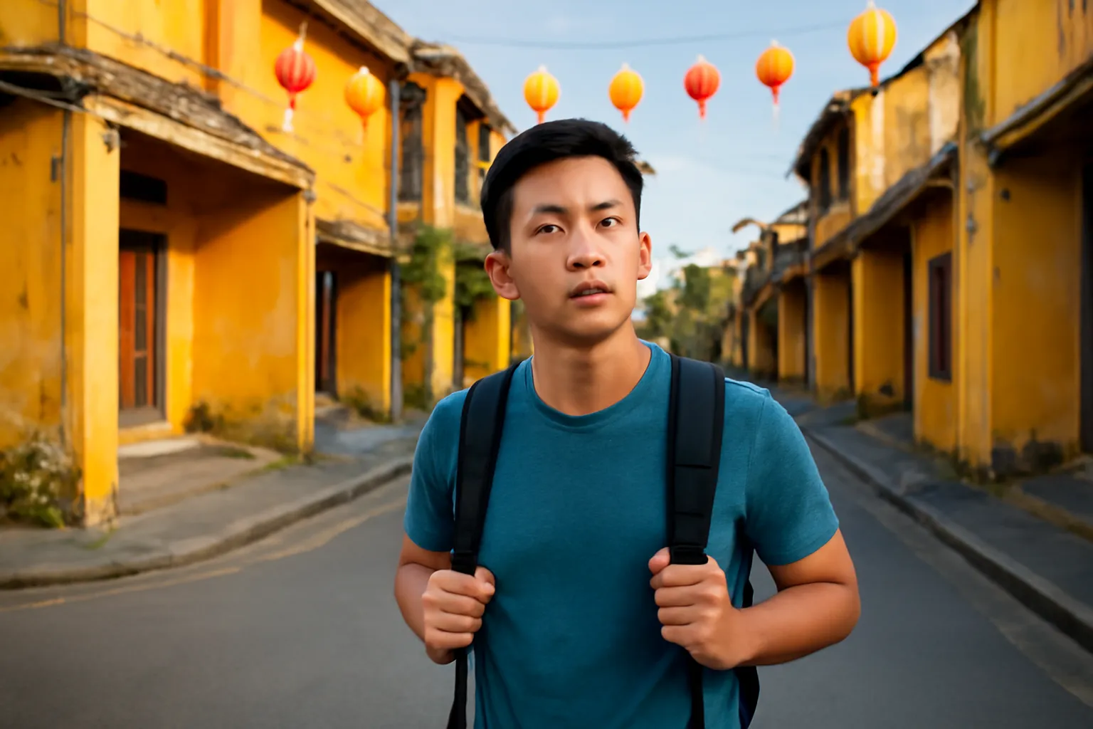 Người đàn ông trẻ đứng ở ngã tư phố cổ, vẻ mặt ngơ ngác suy nghĩ