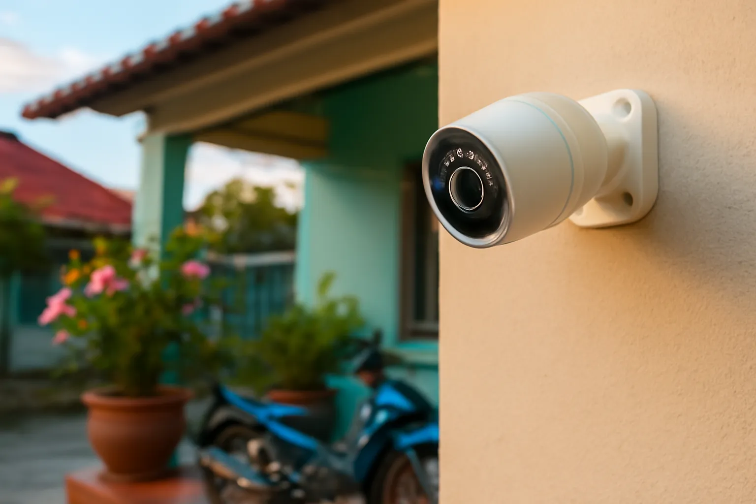 Camera an ninh gắn trên tường hiên nhà với mạng nhện nhỏ bên cạnh