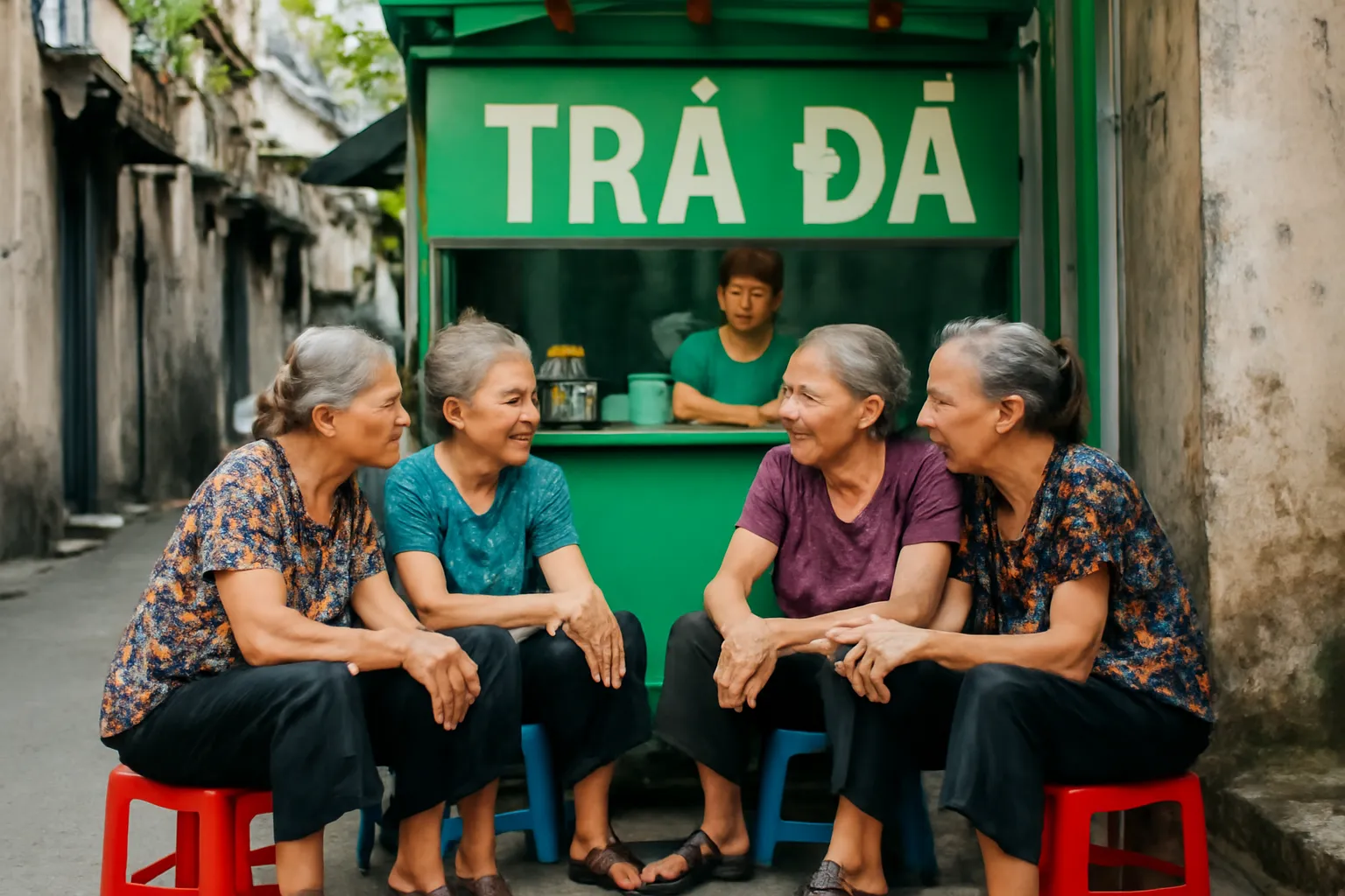 Mấy bà cụ ngồi trò chuyện bên quán nước chè đầu ngõ buổi chiều
