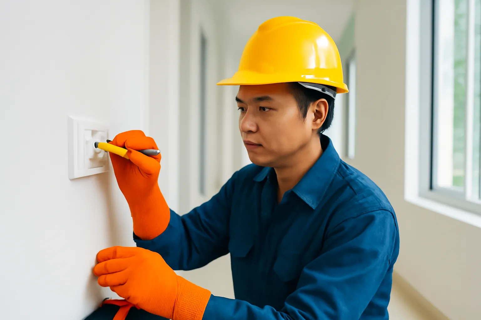 Thợ điện kiểm tra công tắc và ổ cắm trên tường bằng bút thử điện