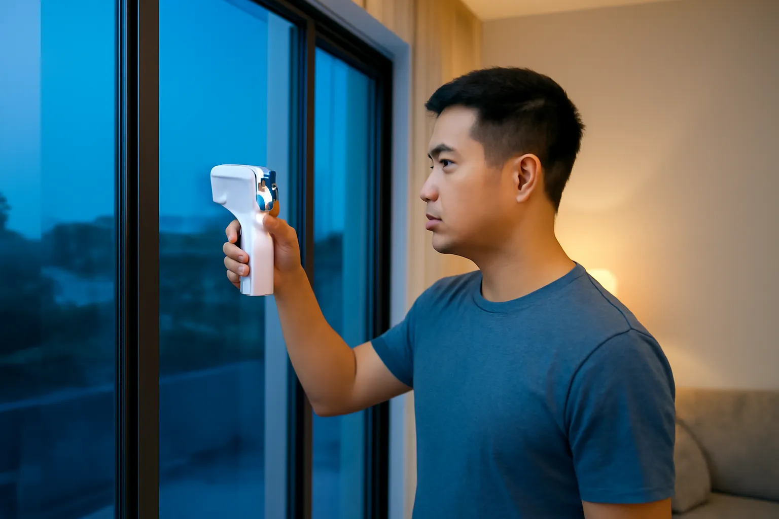 Người cầm nhiệt kế hồng ngoại đo nhiệt độ trước cửa sổ kính