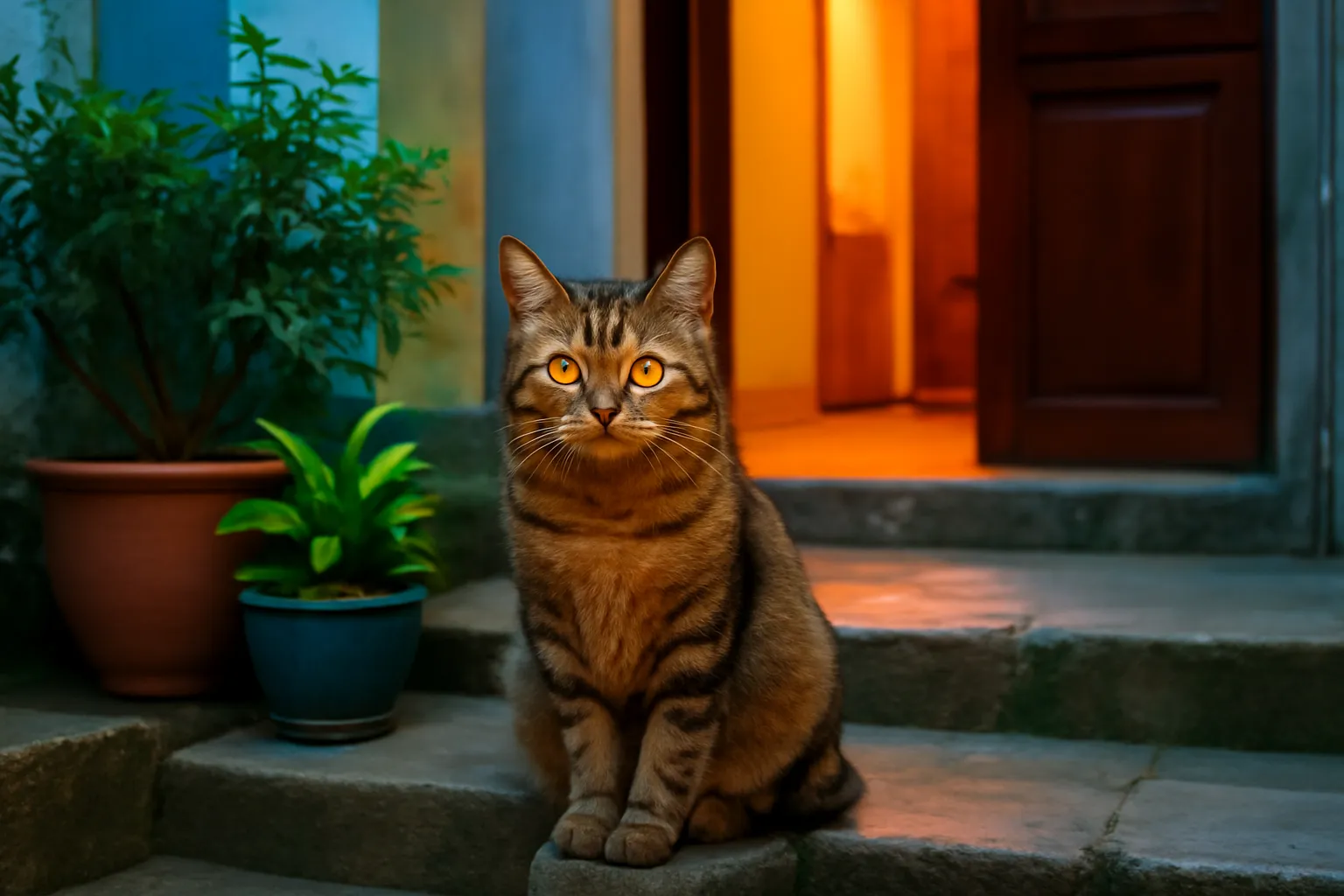 Con mèo ngồi trên bậc thềm nhà lúc chạng vạng với đôi mắt sáng