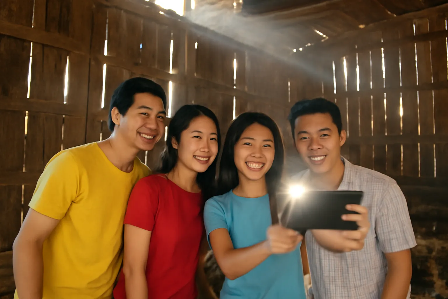 Nhóm bạn trẻ chụp ảnh bằng điện thoại trong nhà kho cũ có bụi