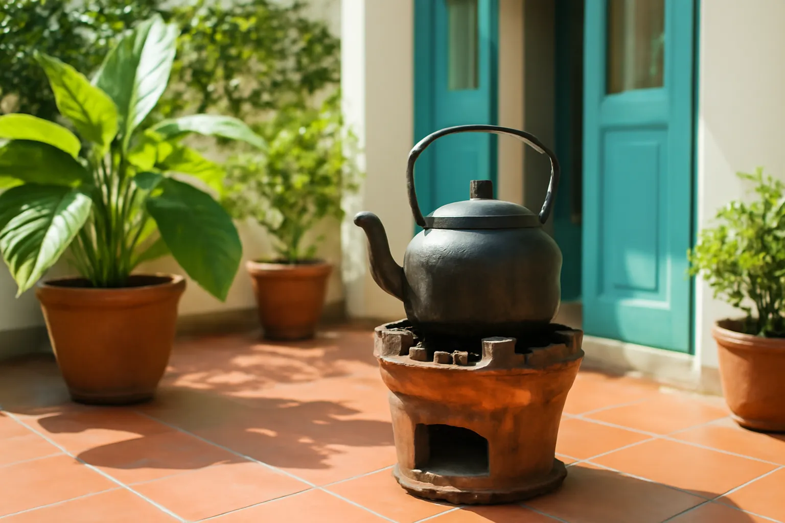 Bếp than tổ ong đặt ngoài hiên nhà thoáng gió