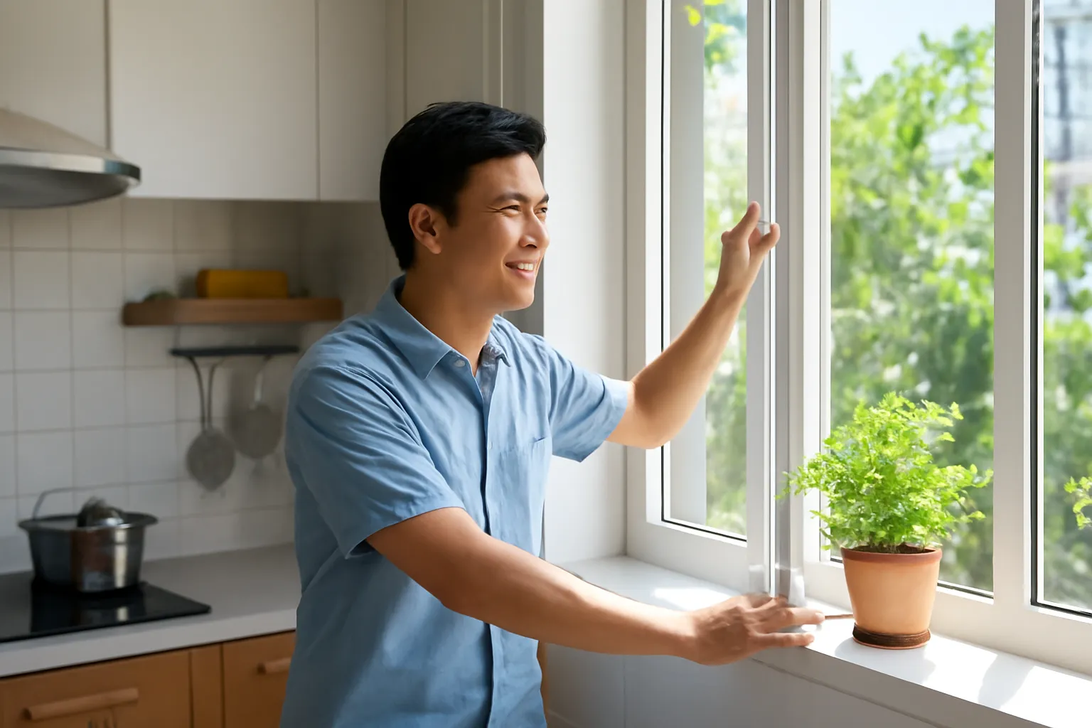 Người đàn ông mở toang cửa sổ căn bếp cho gió lùa vào
