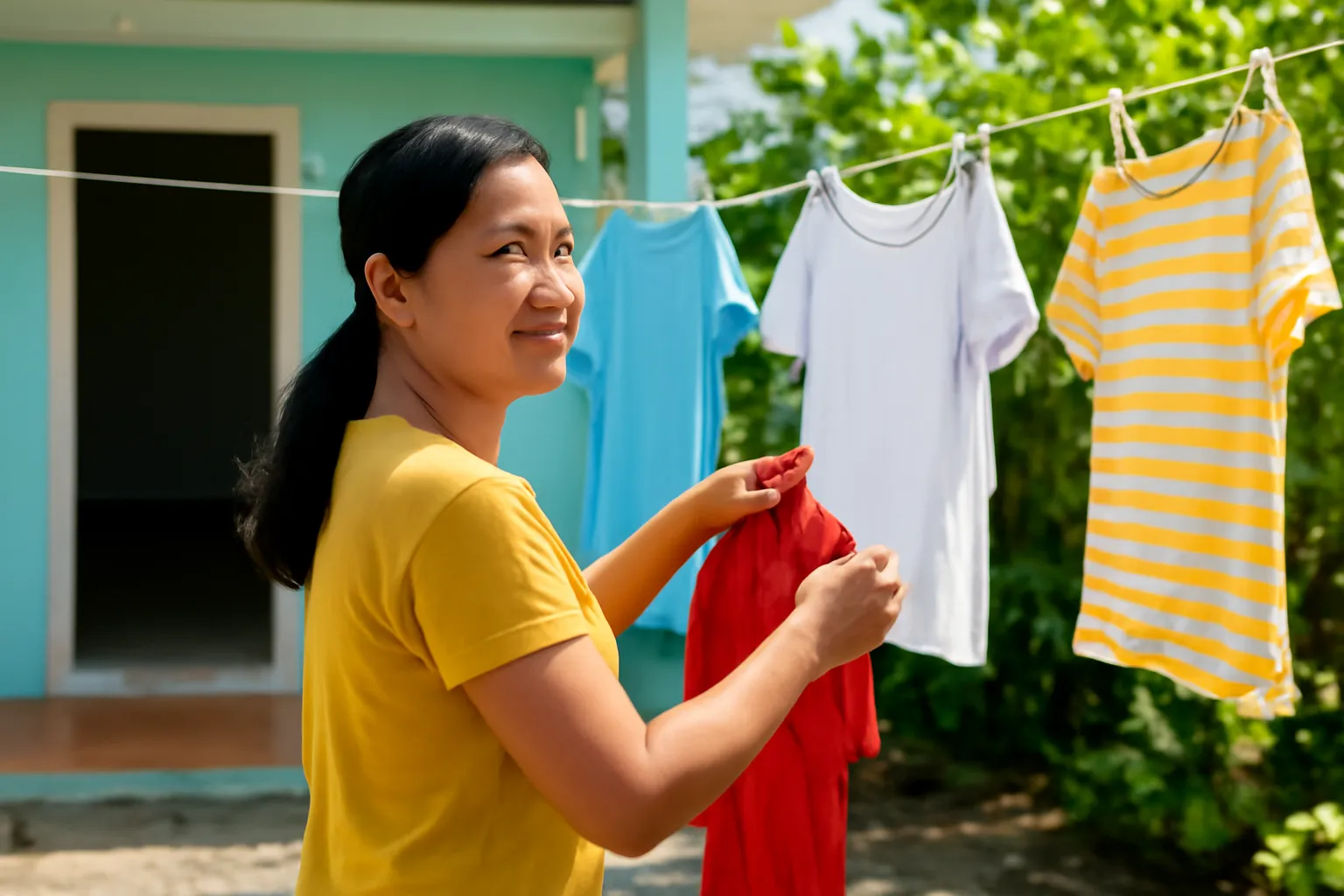 Người phụ nữ đang phơi đồ ngoài sân dừng tay ngoảnh lại phía sau