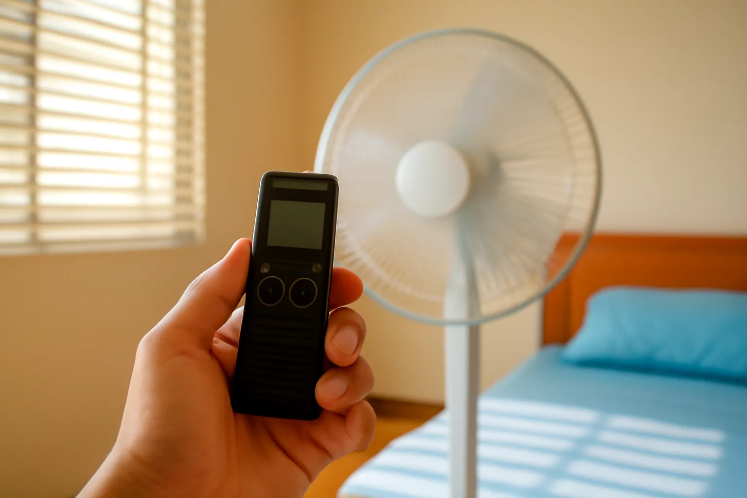 Bàn tay cầm máy ghi âm nhỏ đặt cạnh chiếc quạt cây trong phòng