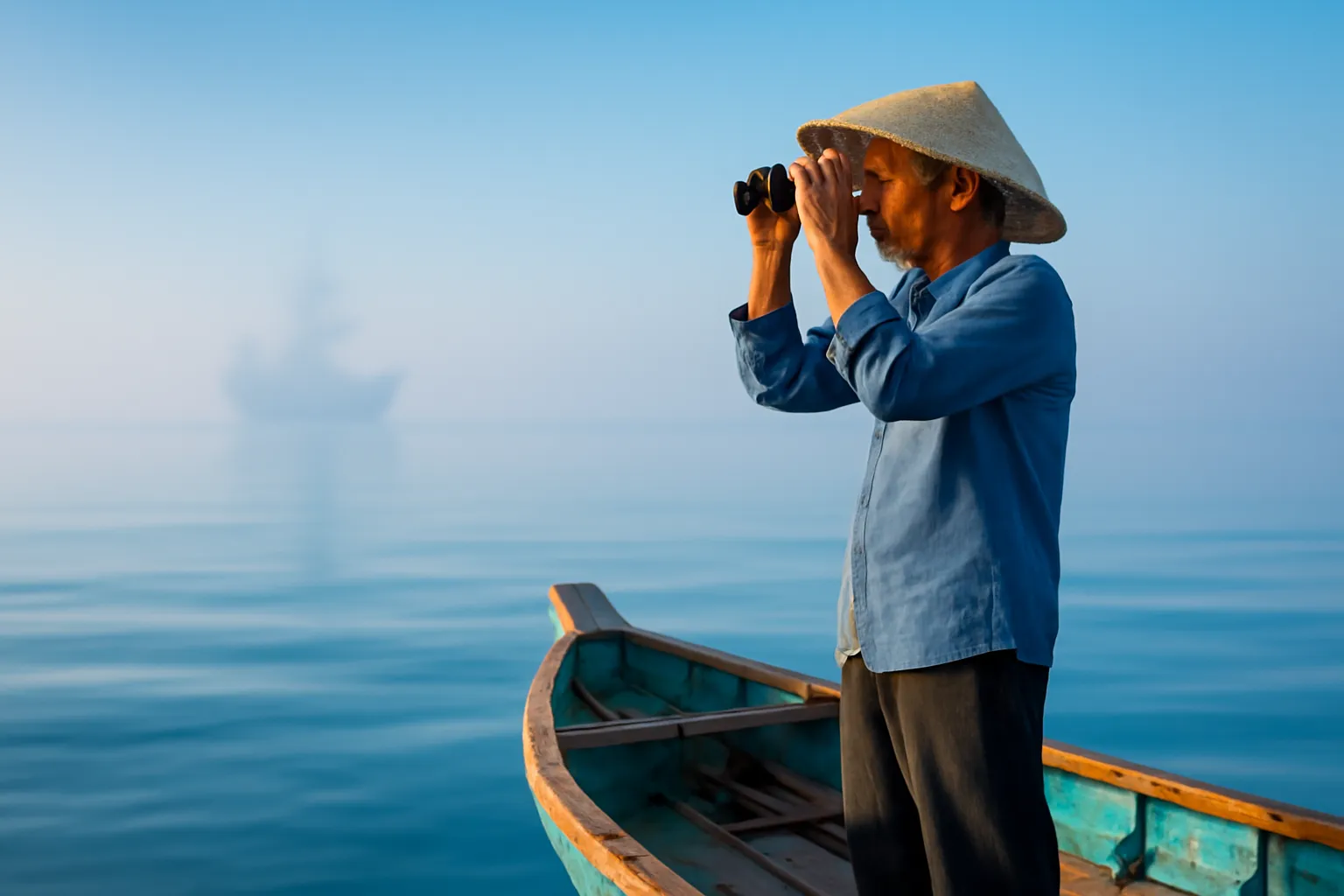 Ngư dân đứng mũi thuyền nhìn ra biển phẳng lặng bằng ống nhòm