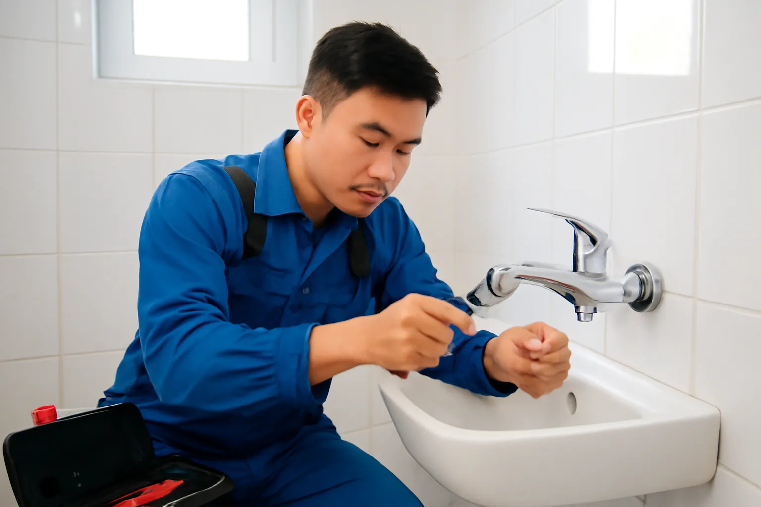 Người thợ nước đang sửa vòi trong phòng tắm lát gạch sáng màu