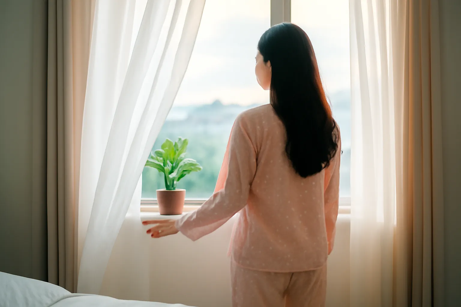 Cô gái đứng bên cửa sổ buổi sớm, rèm vải mỏng bay nhẹ