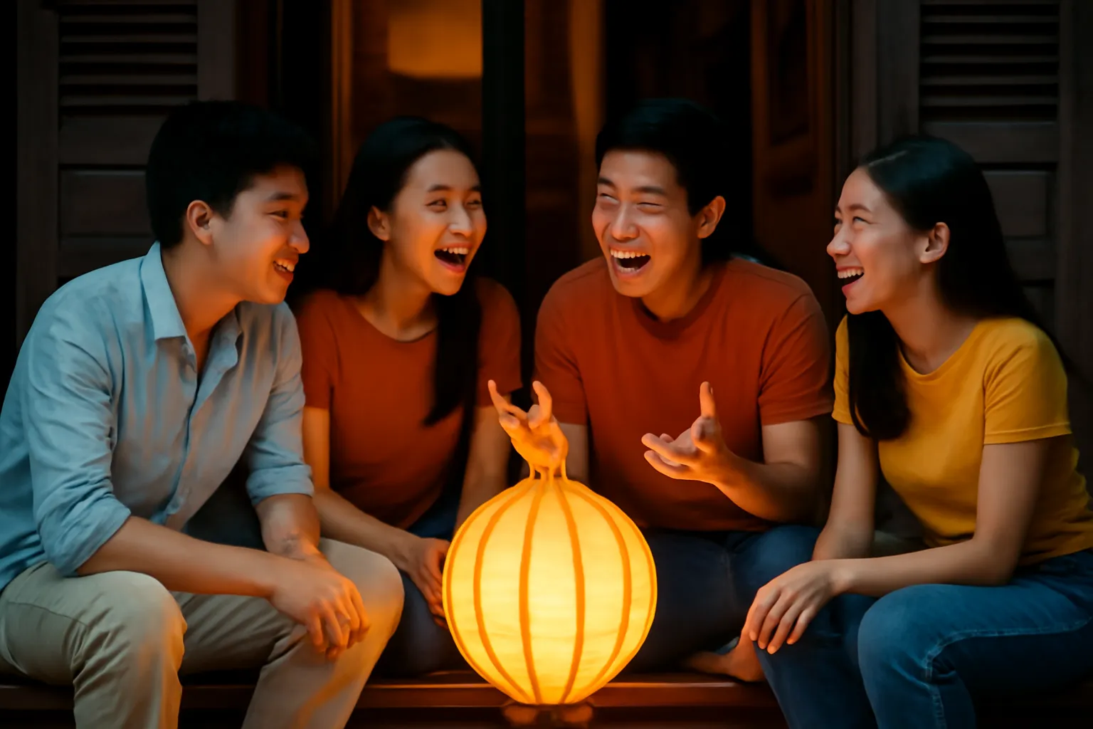 Nhóm bạn trẻ ngồi quây quần quanh chiếc đèn lồng ngoài hiên nhà ban đêm
