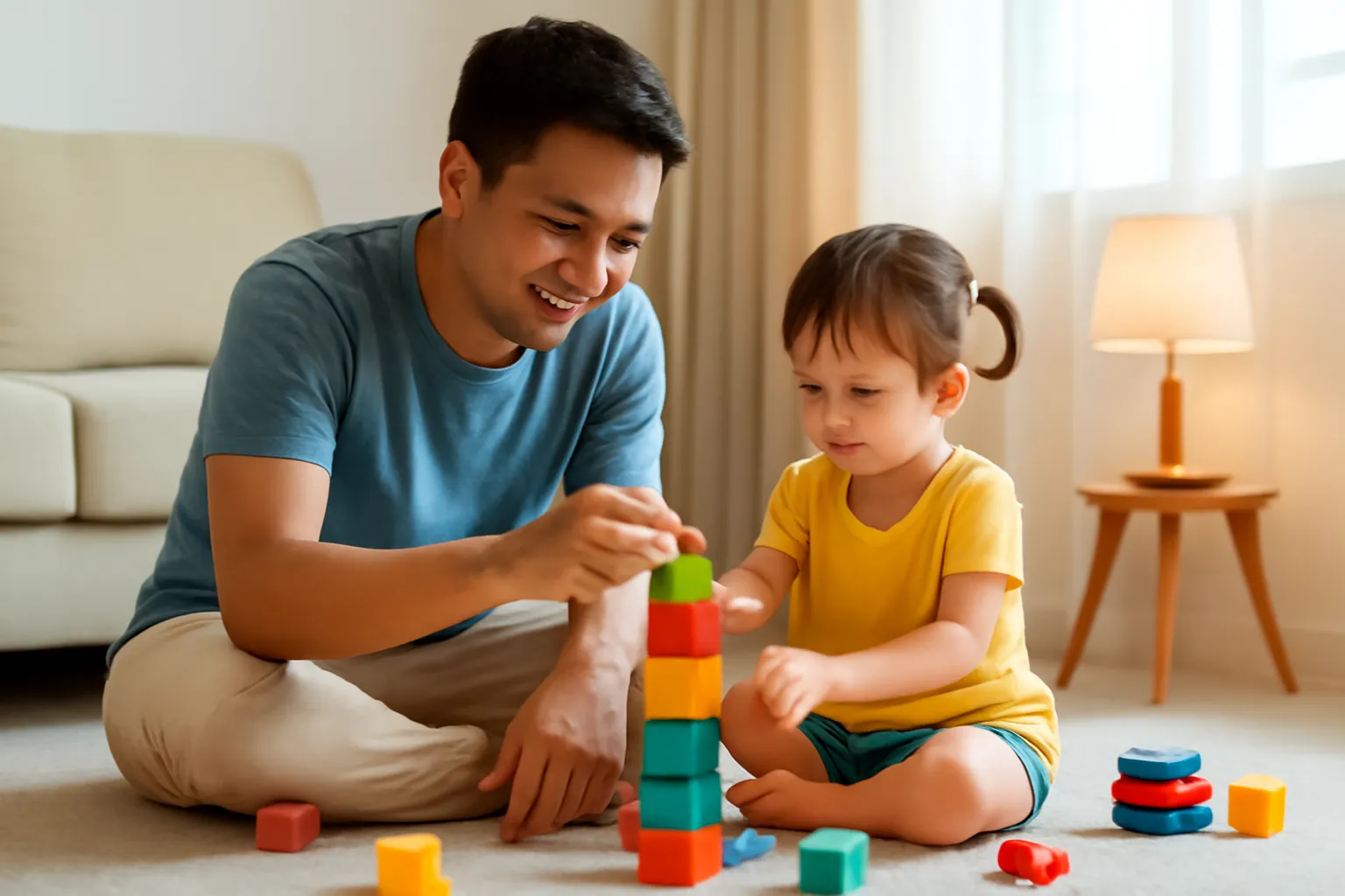 Ông bố trẻ ngồi xếp đồ chơi cùng con gái trên sàn phòng khách