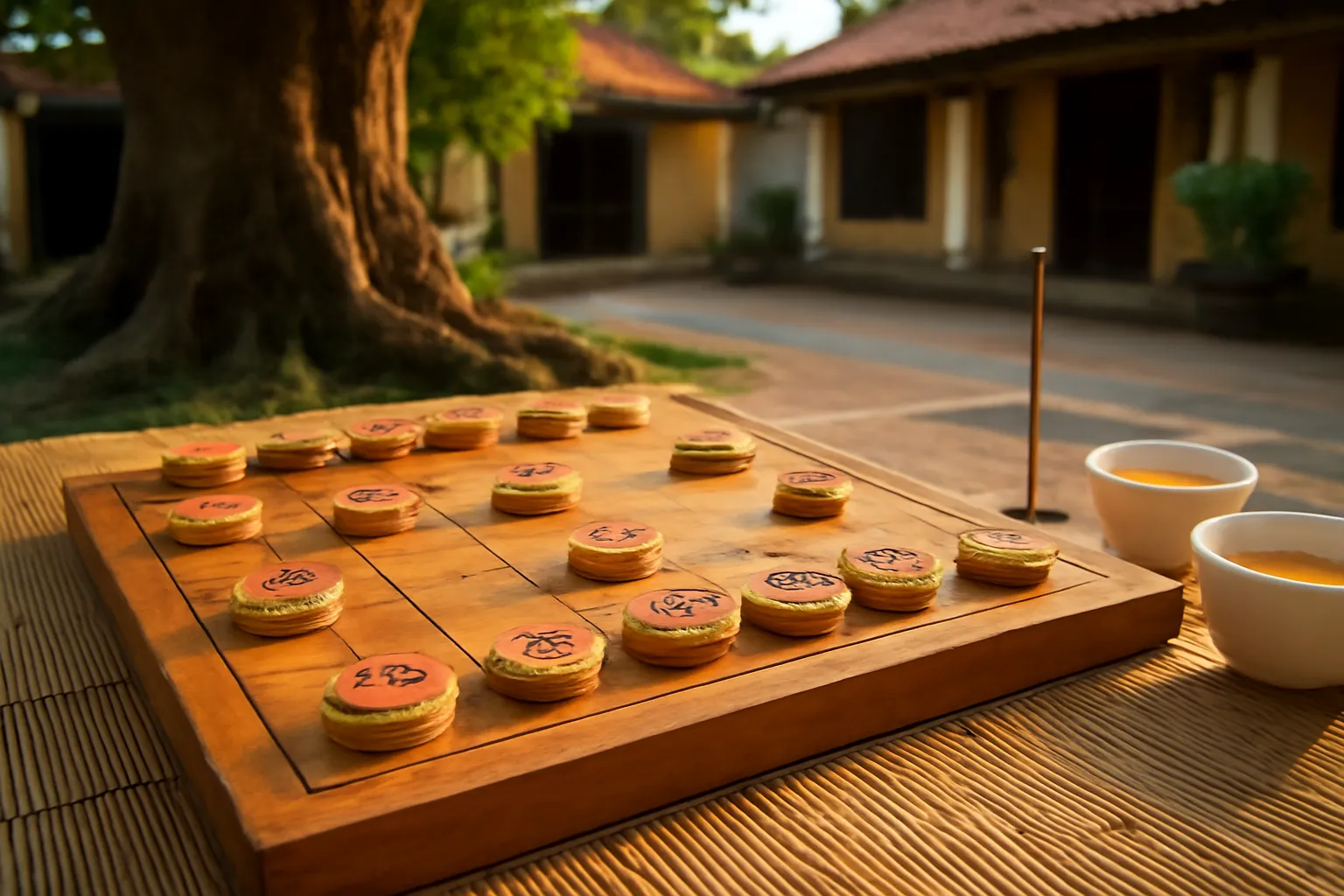 Bàn cờ tướng bằng gỗ trên chiếu tre dưới gốc cây trong sân làng chiều muộn, hai chén trà và một nén hương
