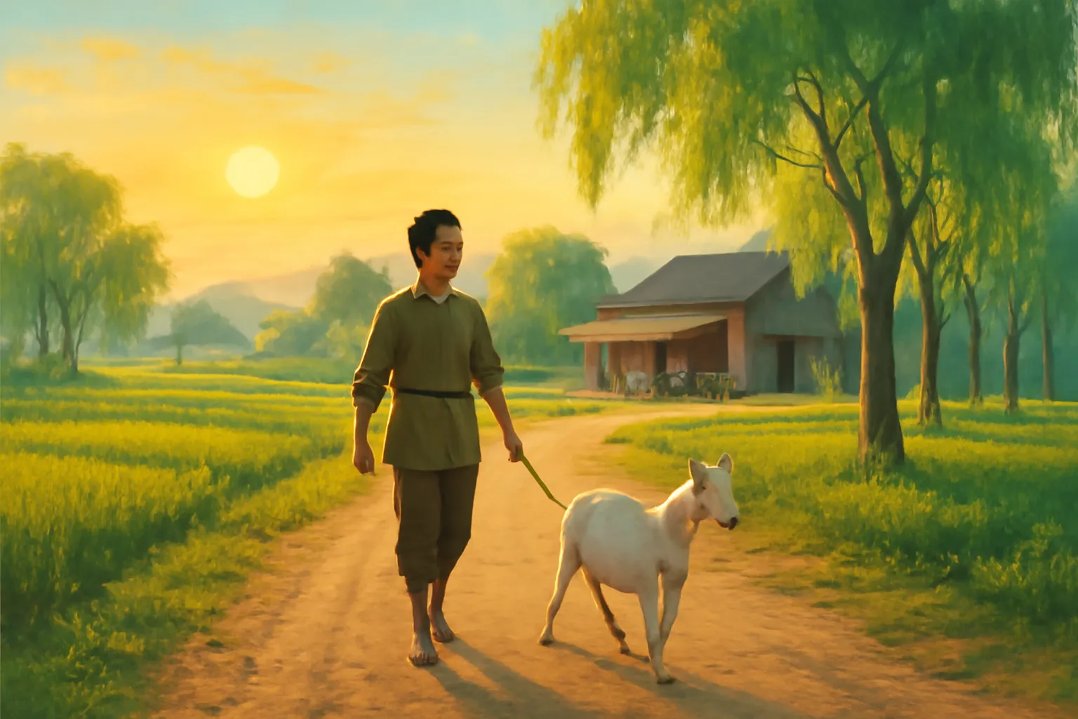 Con đường đất nông thôn lúc rạng sáng dẫn vào phiên chợ, chàng trai dắt một con dê trắng