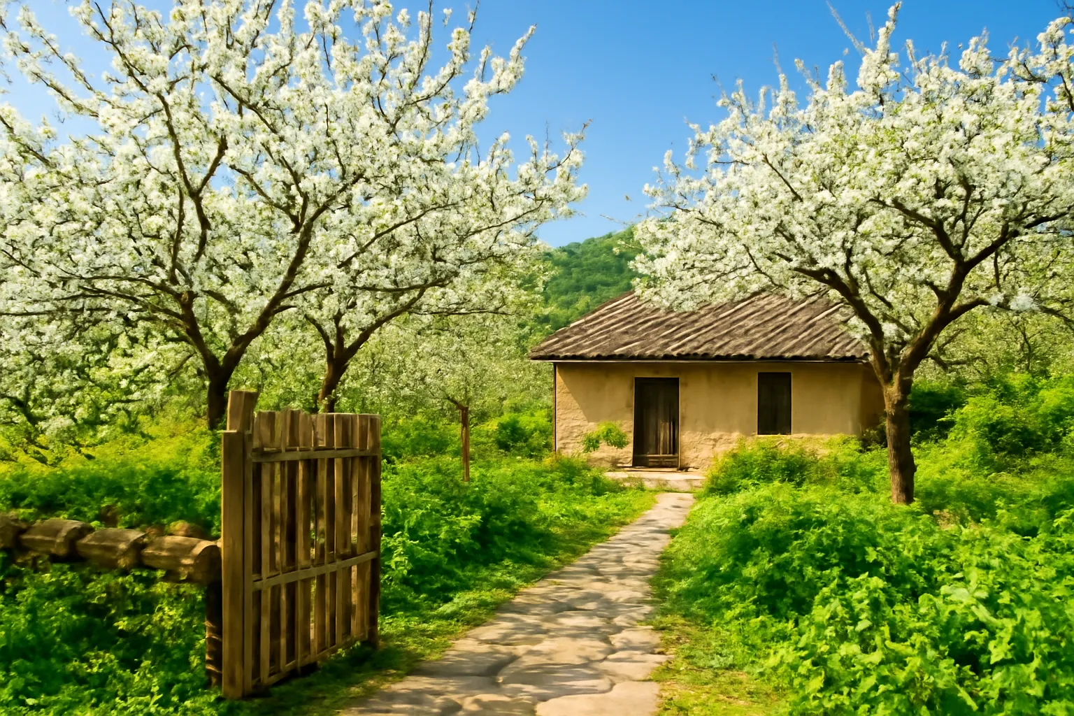 Sân vườn quê có hoa mơ trắng nở rộ cạnh ngôi nhà nhỏ mái ngói, lối đá nhỏ buổi sáng mùa xuân