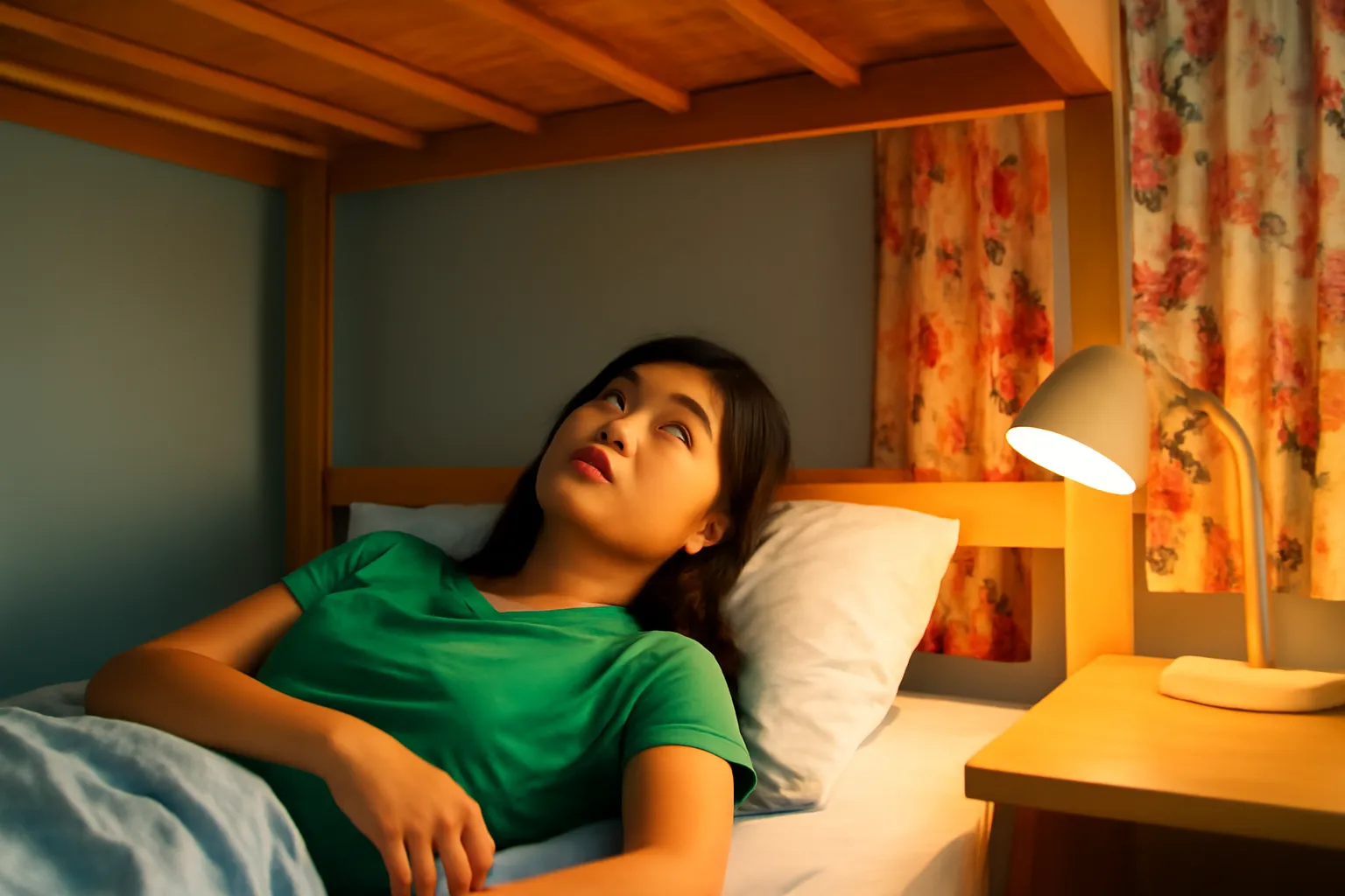Cô sinh viên nằm giường tầng dưới trong phòng ký túc xá nhìn lên tấm ván giường trên