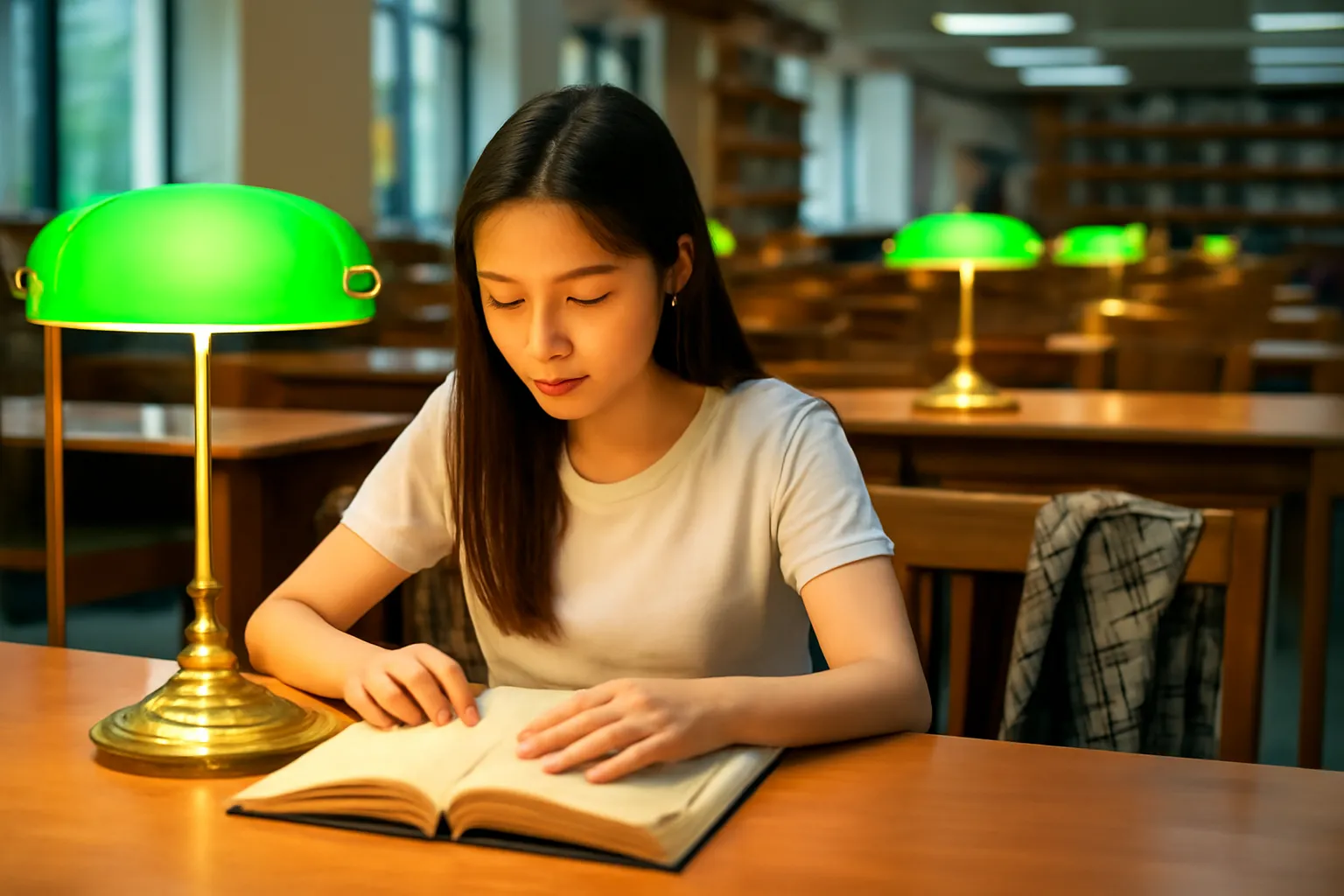 Nữ sinh viên ôn thi trong phòng đọc thư viện ban đêm bên chiếc ghế trống có áo khoác