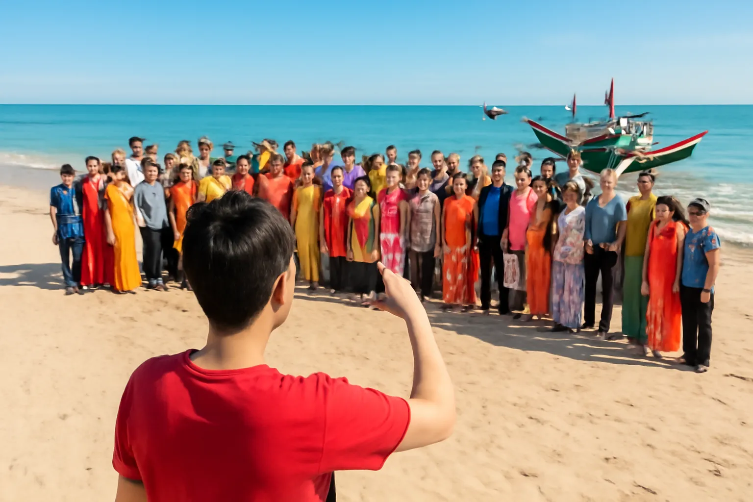 Đại gia đình đứng thành hàng dài trên bãi biển sáng mùng ba Tết, một thanh niên giơ điện thoại quét ảnh