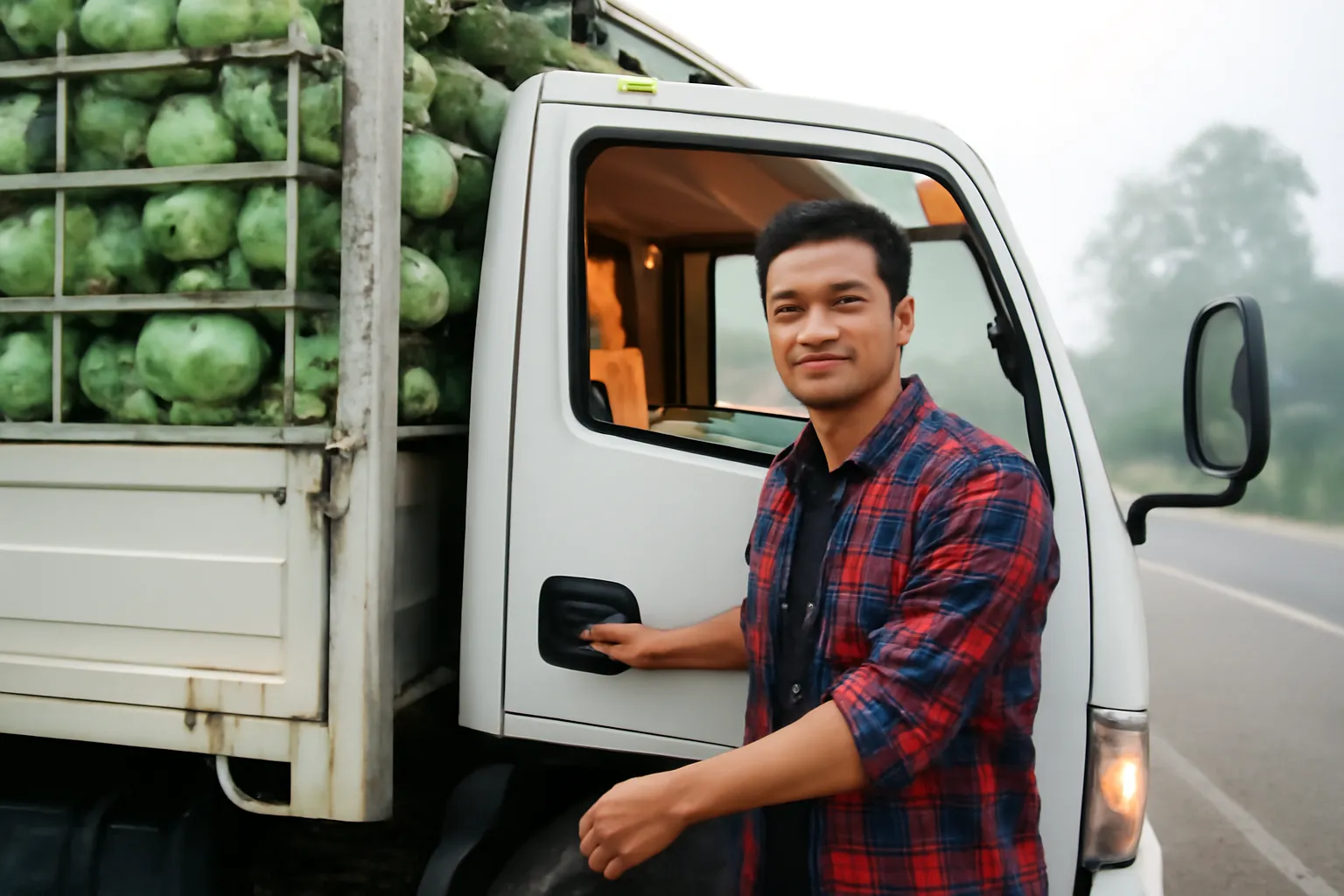 Xe tải chở rau dừng ở trạm nghỉ chân đèo lúc sáng sớm, đèn cabin vàng ấm