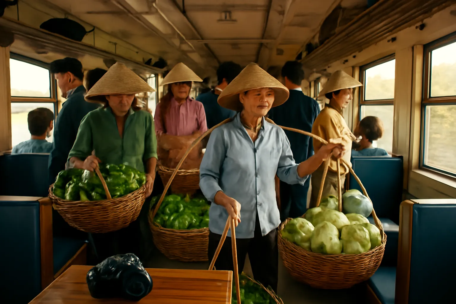 Toa tàu chợ đông người, thúng mủng xếp lối đi, một chiếc máy ảnh phim cũ trên ghế