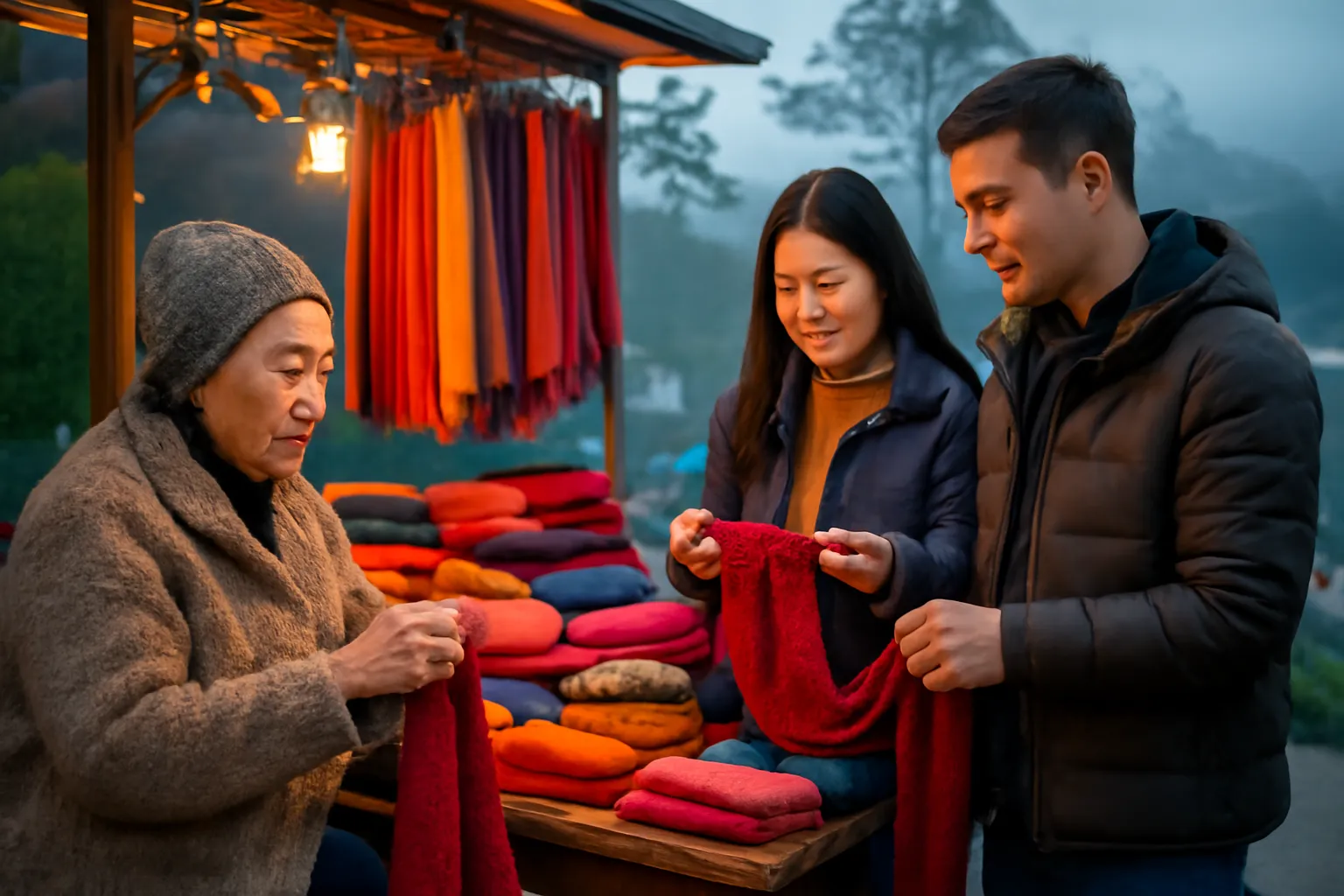 Bà cụ ngồi đan len ở sạp chợ đêm phố núi, đôi vợ chồng trẻ đứng chọn khăn