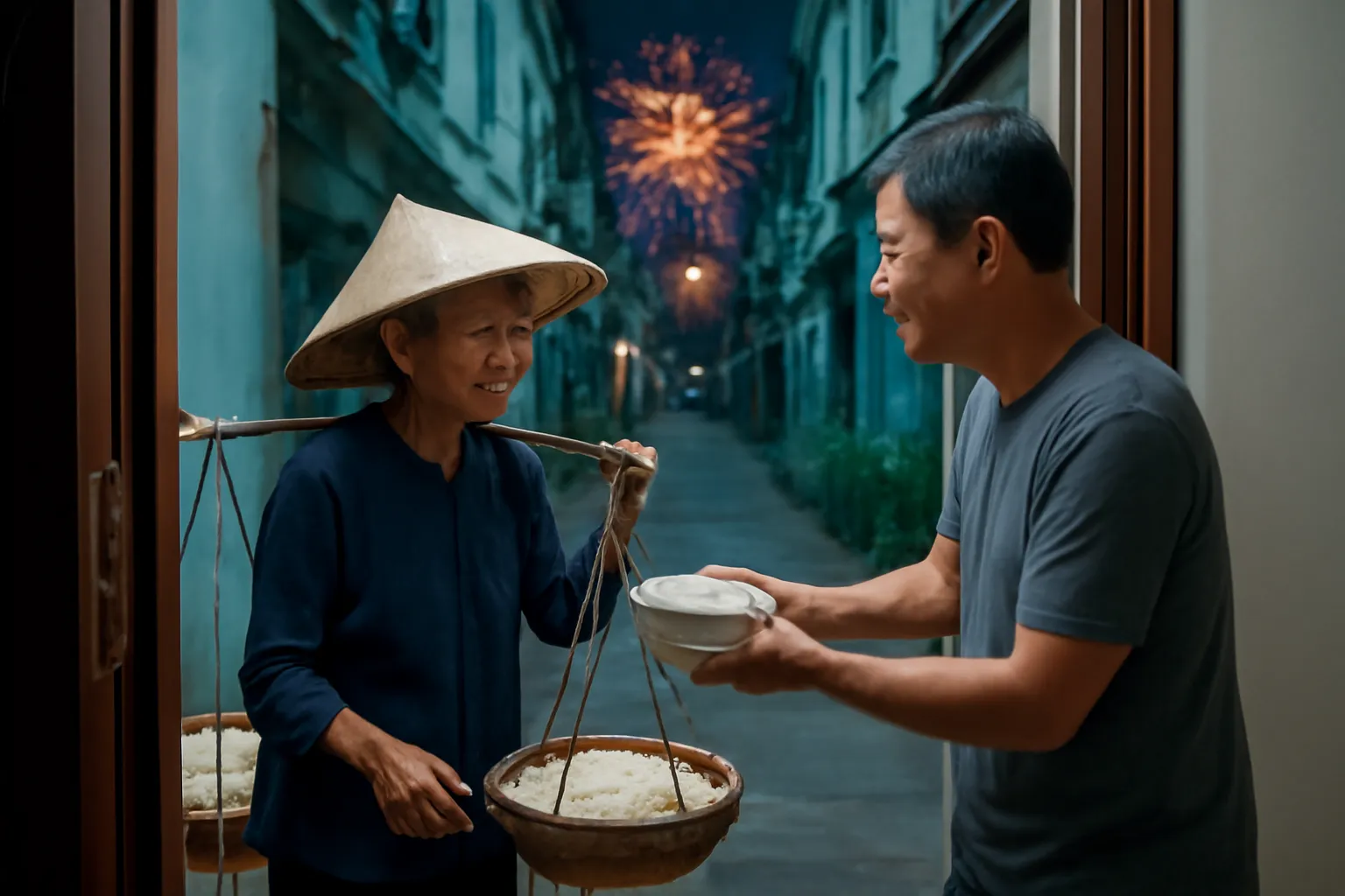 Bà cụ gánh hai thúng muối trắng đứng trước cửa nhà phố đêm giao thừa
