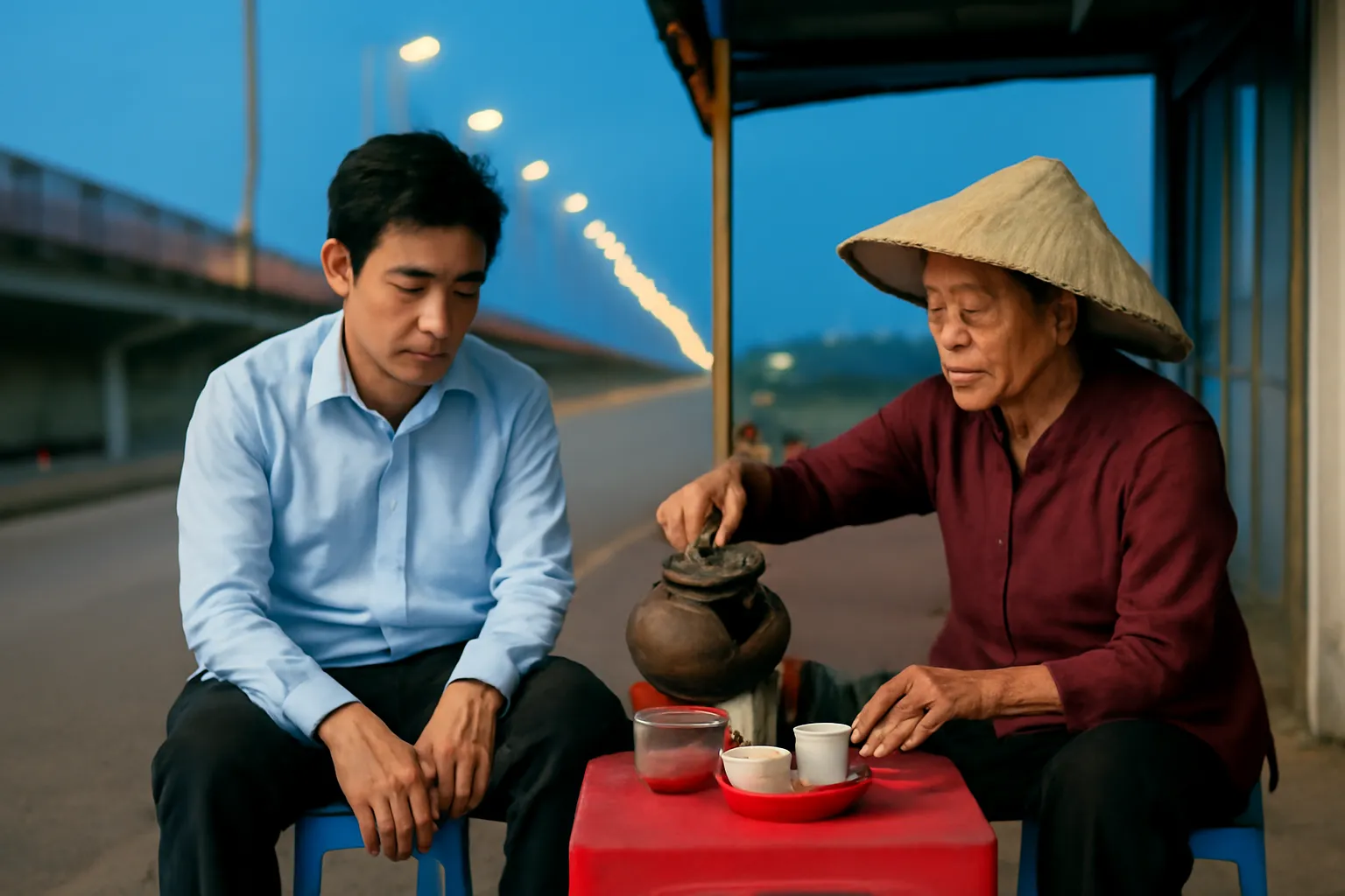 Bà cụ bán nước chè rót hai chén trà bên chân cầu, người đàn ông ngồi ghế đẩu