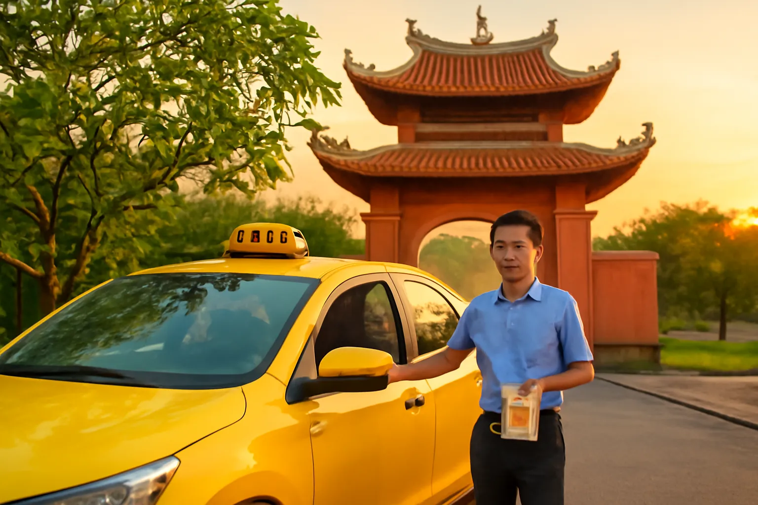 Chiếc taxi dừng trước cổng chùa nhỏ lúc rạng sáng, tài xế cầm chiếc khăn tay thêu hoa đứng cạnh xe