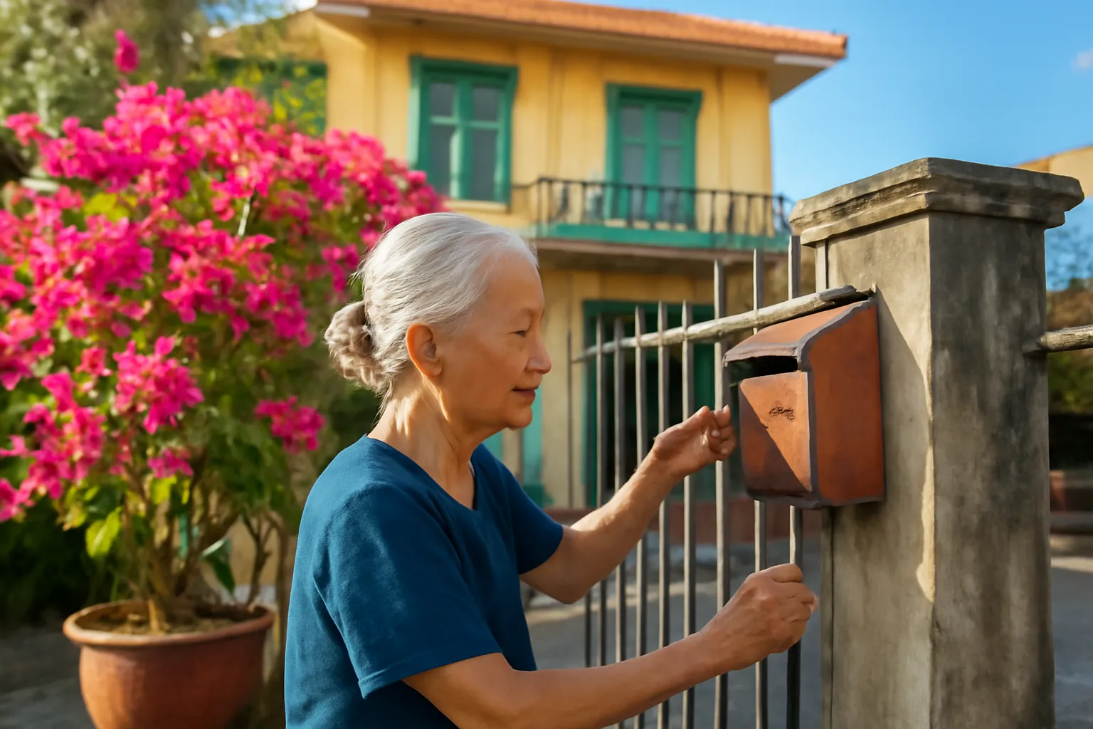 Bà cụ tóc bạc mở hộp thư sắt cũ gắn trên cổng nhà vào buổi chiều