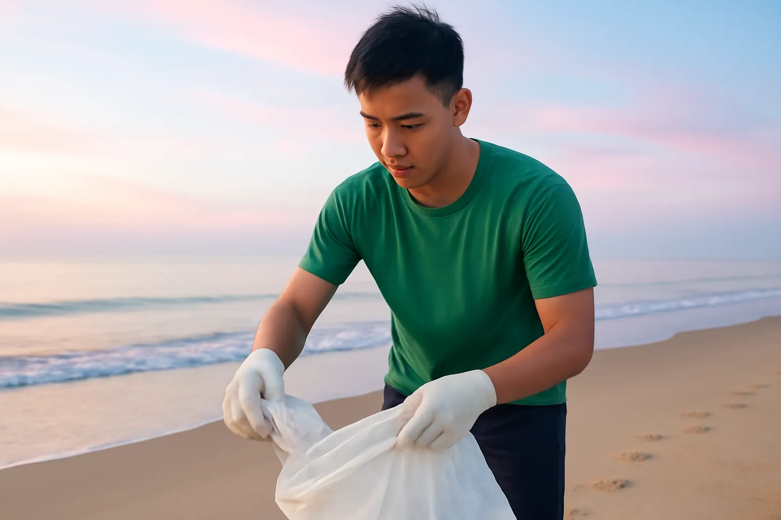 Chàng trai trẻ đeo găng tay nhặt rác trên bãi biển lúc trời vừa rạng