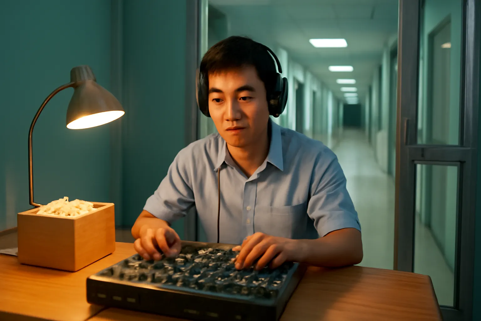 Cậu sinh viên đeo tai nghe ngồi trước bàn phát thanh nhỏ trong phòng kỹ thuật bệnh viện