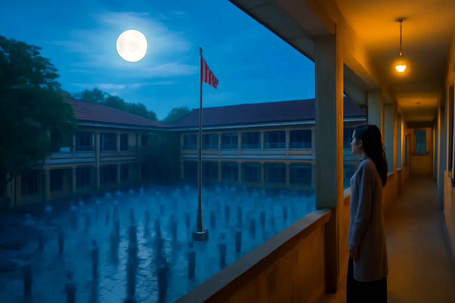 Sân trường cấp hai dưới trăng với cột cờ, cô giáo trẻ đứng ở hiên nhìn ra