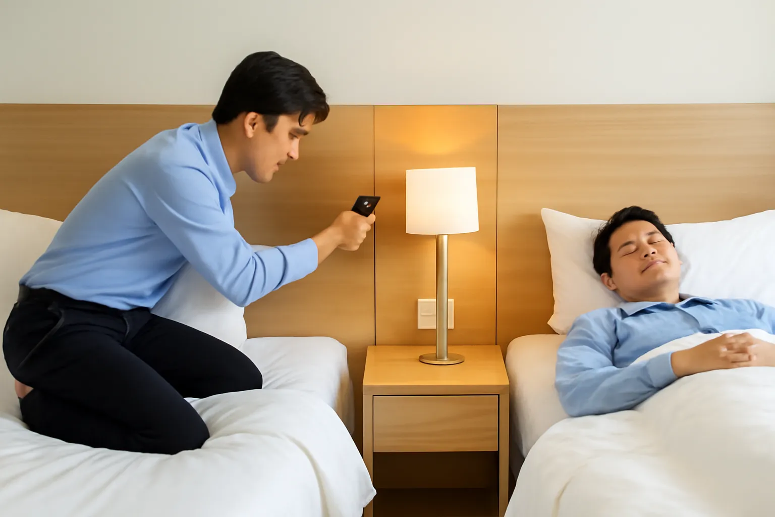 Bàn tay cầm đèn pin điện thoại soi khe hẹp sau đầu giường khách sạn