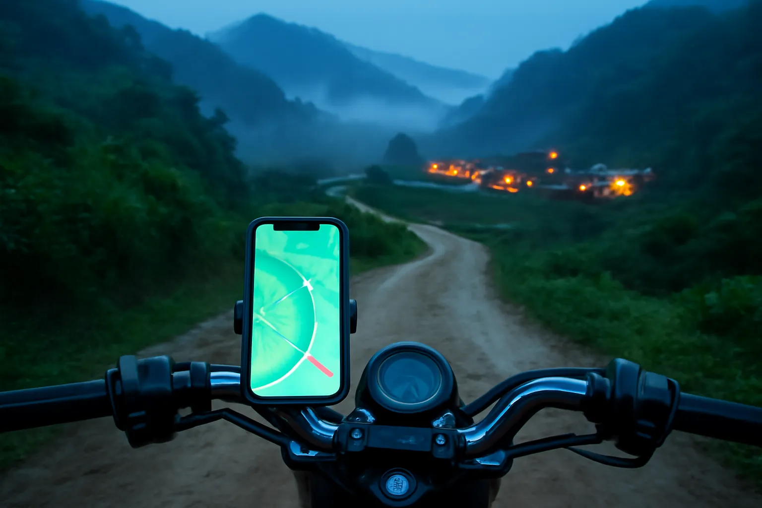 Điện thoại gắn trên tay lái xe máy hiển thị bản đồ, ngã ba đường núi trong sương, một lối nhỏ rẽ vào bản