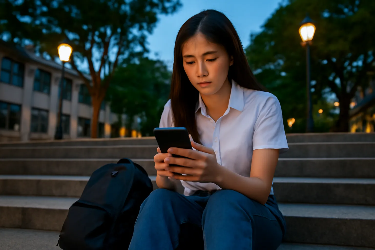 Cô sinh viên ngồi ở bậc thềm giảng đường nhìn chăm chú vào màn hình điện thoại