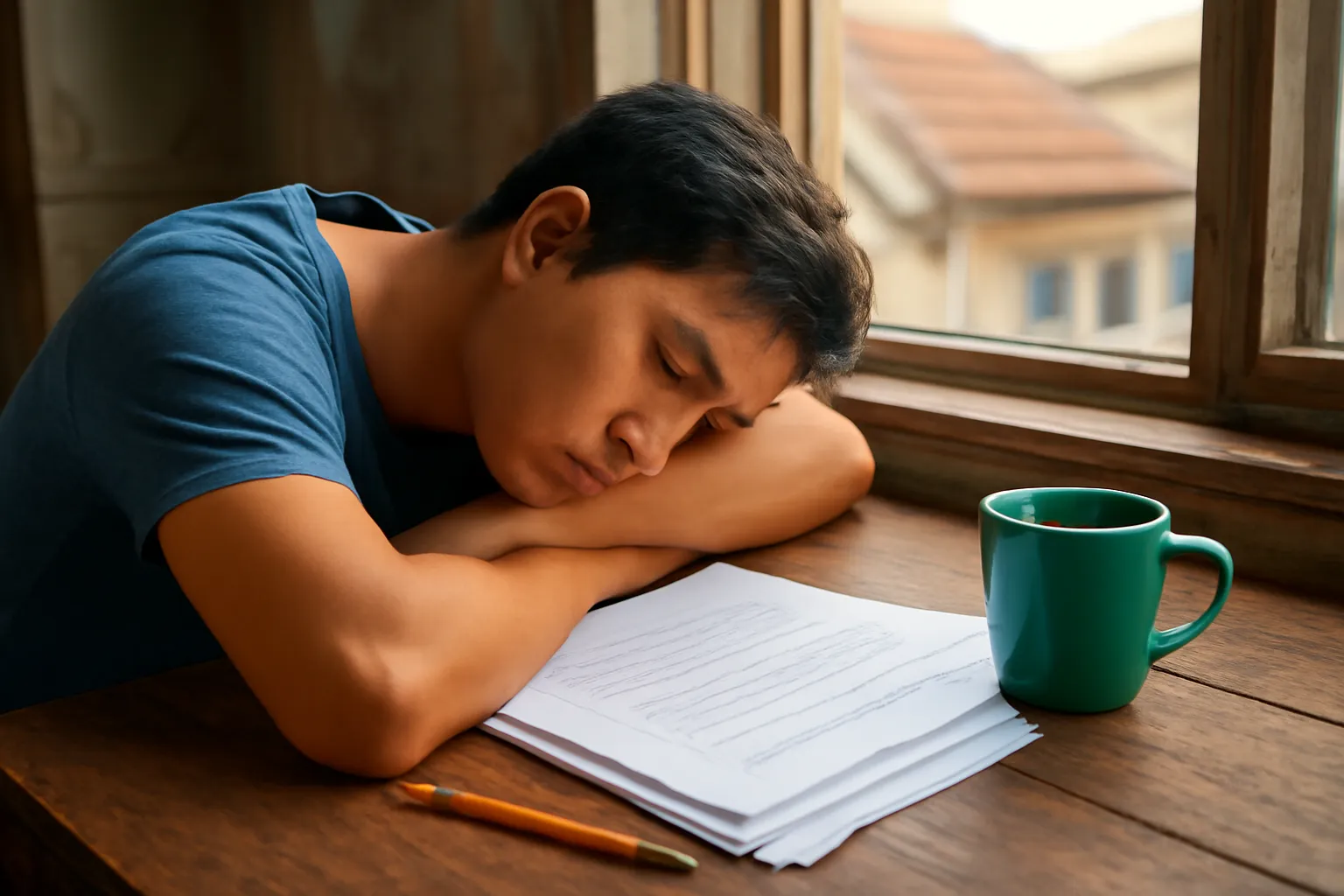 Xấp bản thảo đánh máy trên bàn gỗ, những dòng sửa bằng bút chì bên lề