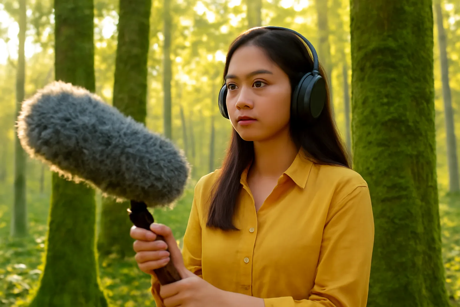 Cô gái đeo tai nghe cầm micro dài đứng giữa rừng già lúc bình minh