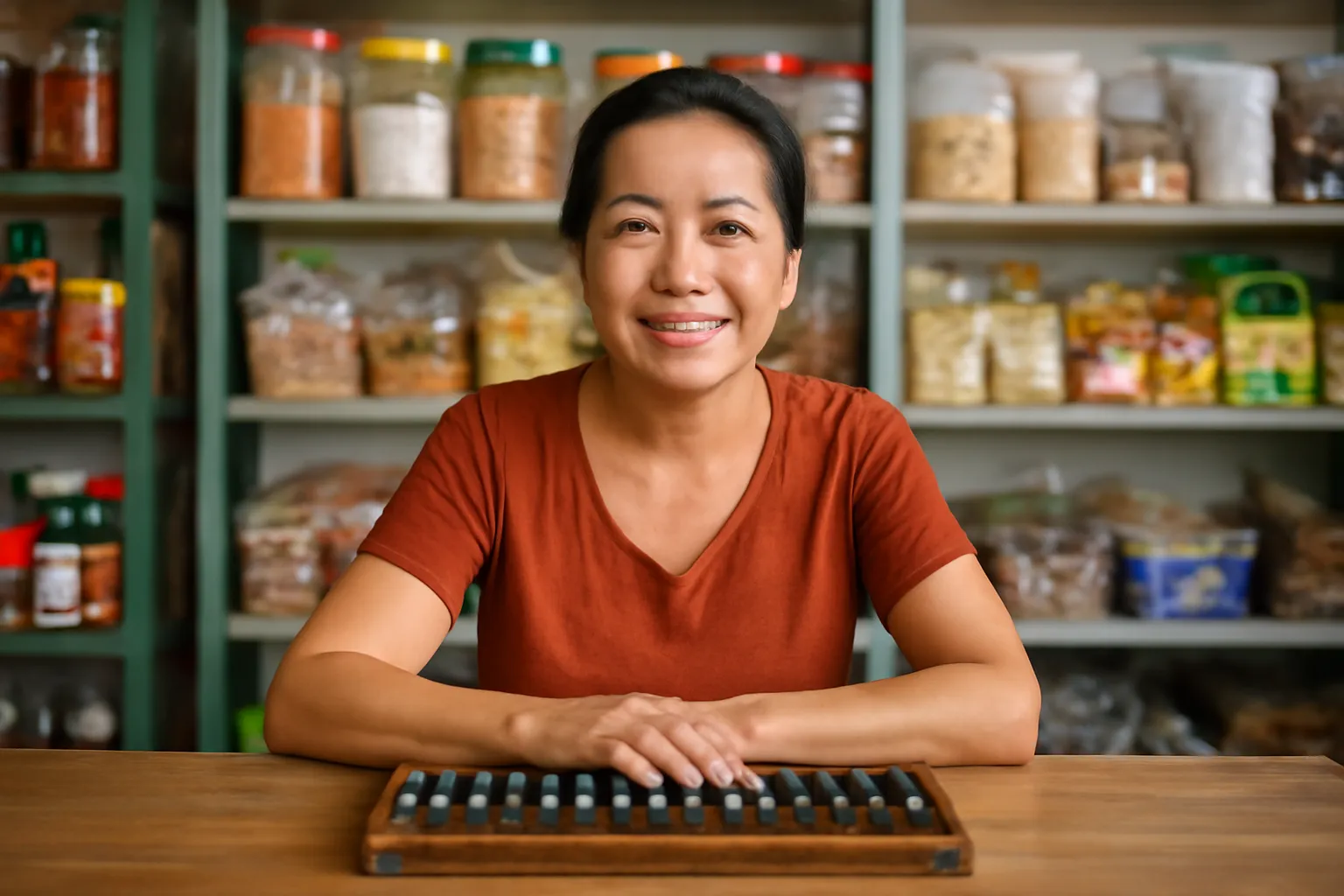 Người phụ nữ trung niên ngồi sau quầy tiệm tạp hóa nhìn chiếc bàn tính gỗ cũ