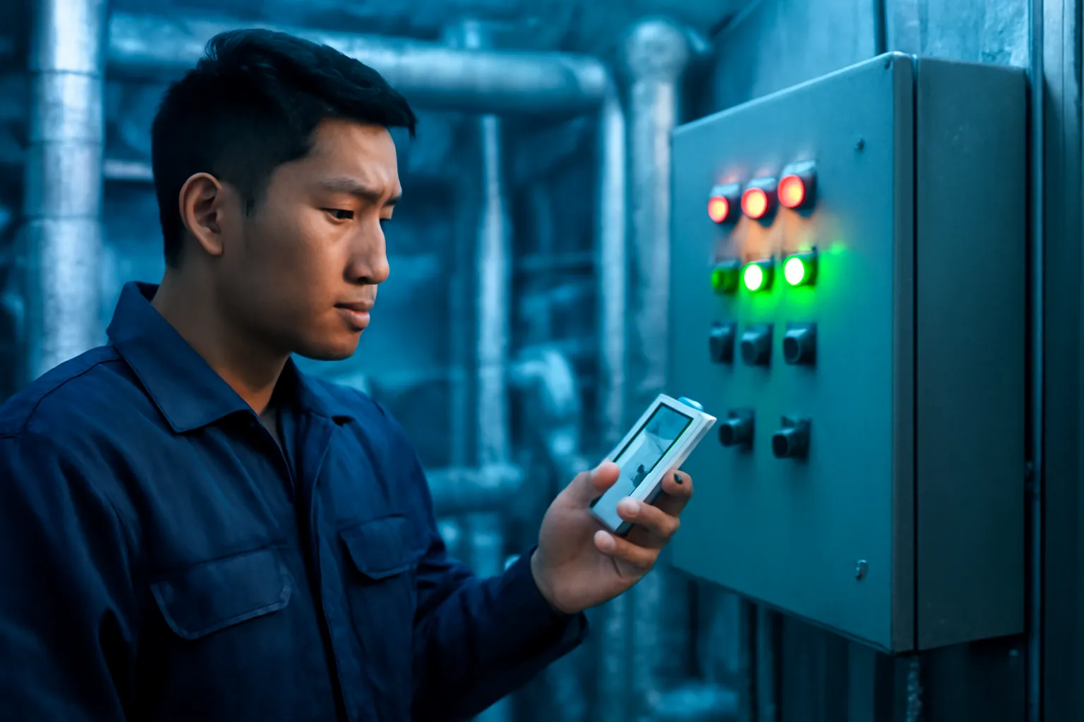 Anh thợ điện lạnh cầm máy đo nhiệt đứng trước tủ điều khiển trong phòng kỹ thuật
