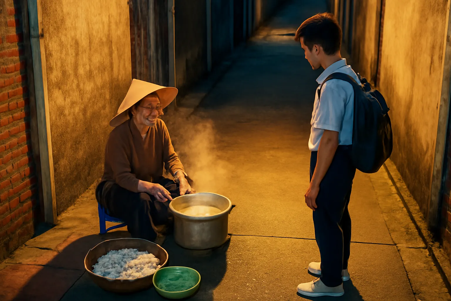 Bà cụ bán bánh đúc nóng cúi nhìn bóng khách dưới ngọn đèn đường đầu ngõ