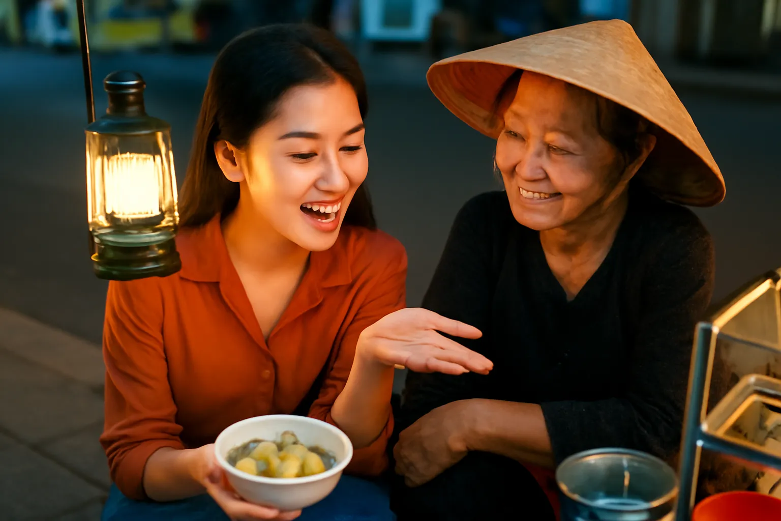 Cô gái trẻ ngồi ghế đẩu bên gánh chè đêm, ngắm chiếc nhẫn bạc trên lòng bàn tay