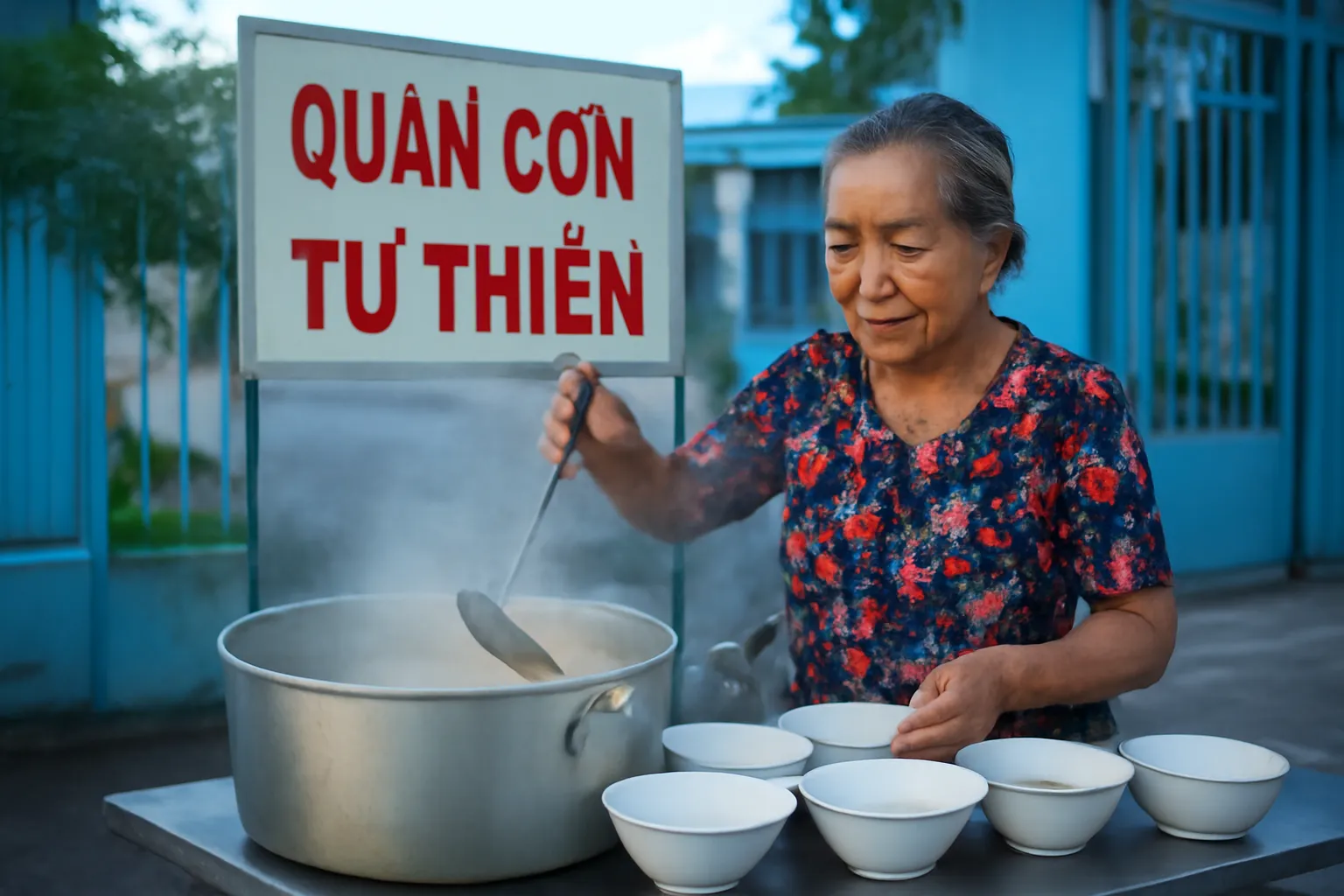 Bà cụ múc cháo nóng từ nồi lớn bên lề đường trước cổng bệnh viện lúc rạng sáng