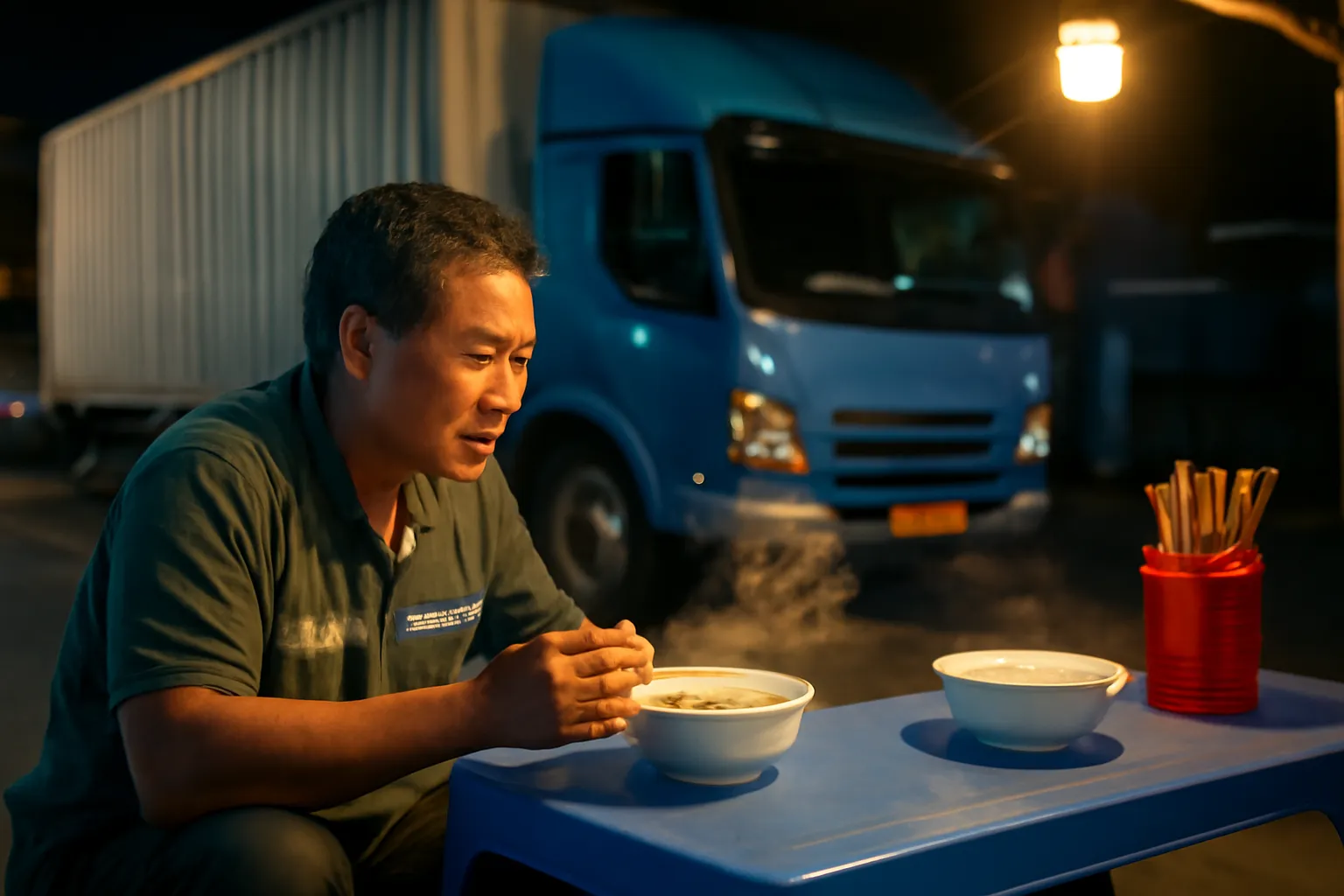 Người tài xế ngồi ăn cháo ở quán ven quốc lộ, bên cạnh là chiếc ghế trống