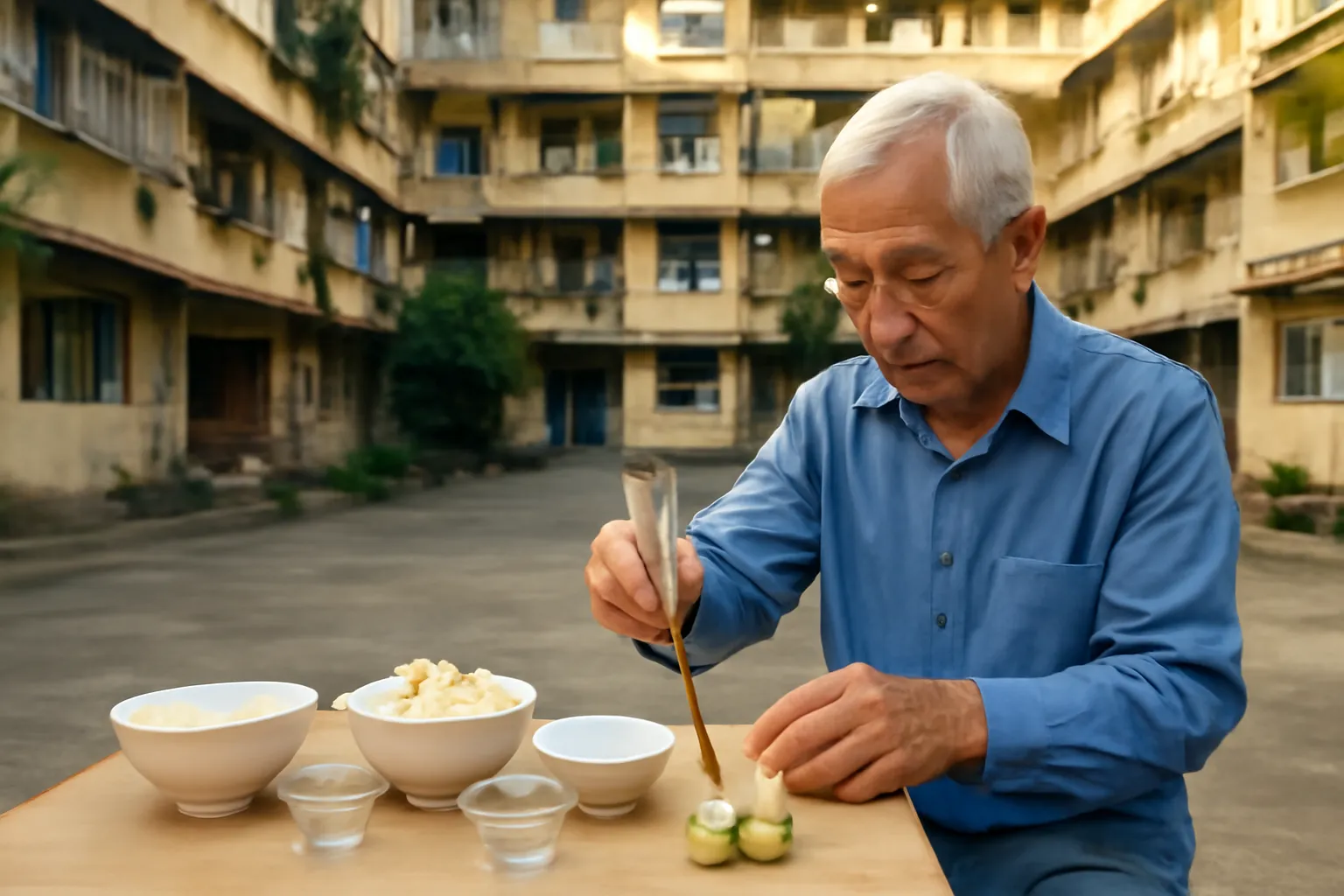 Mâm cúng cô hồn bày trên chiếc bàn nhựa ở sân chung cư cũ lúc chiều muộn