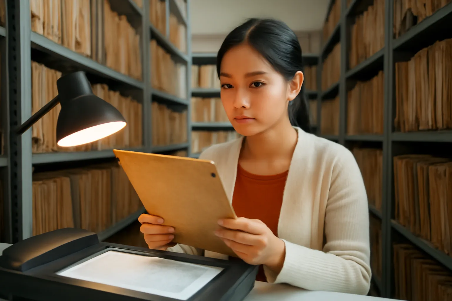Cô gái ngồi giữa những kệ hồ sơ giấy cũ dưới ánh đèn bàn, cầm một tập bìa